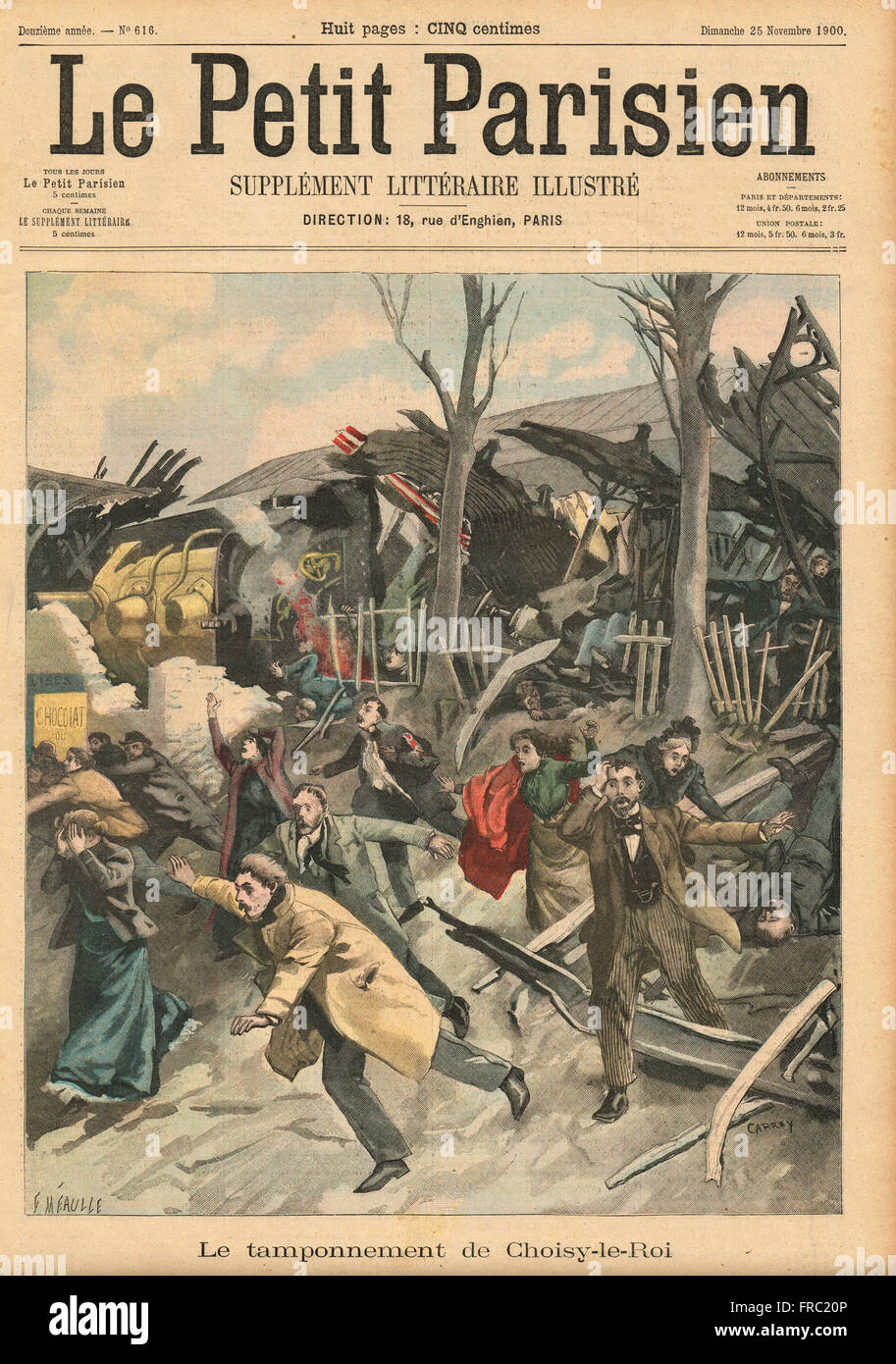 Collisione treno Choisy-le-Roi Parigi, Francia 1900. Quotidiano francese illustrato le Petit Parisien illustrazione Foto Stock