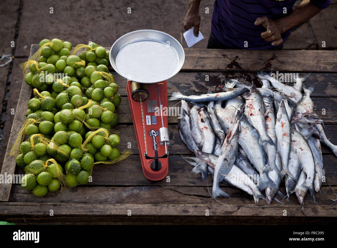La vendita del pesce e dei limoni in rampa Santa Ines mercato sulla banca del fiume Rio delle Amazzoni Foto Stock