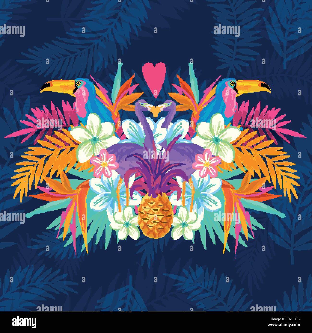 Viva amore tropicale. Tropic elementi compreso flamingo, palme, tucani, uccello del paradiso di fiori e ananas. Illustrazione Vettoriale