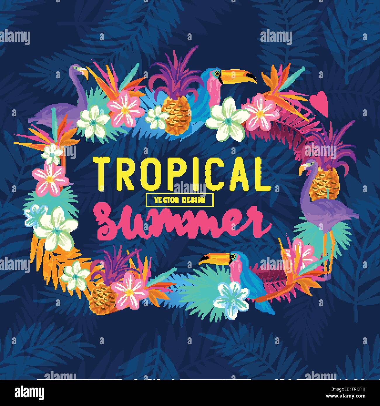 Vivid frontiera tropicale. Tra cui il flamingo, palme, tucani, uccello del paradiso di fiori e ananas. Illustrazione Vettoriale
