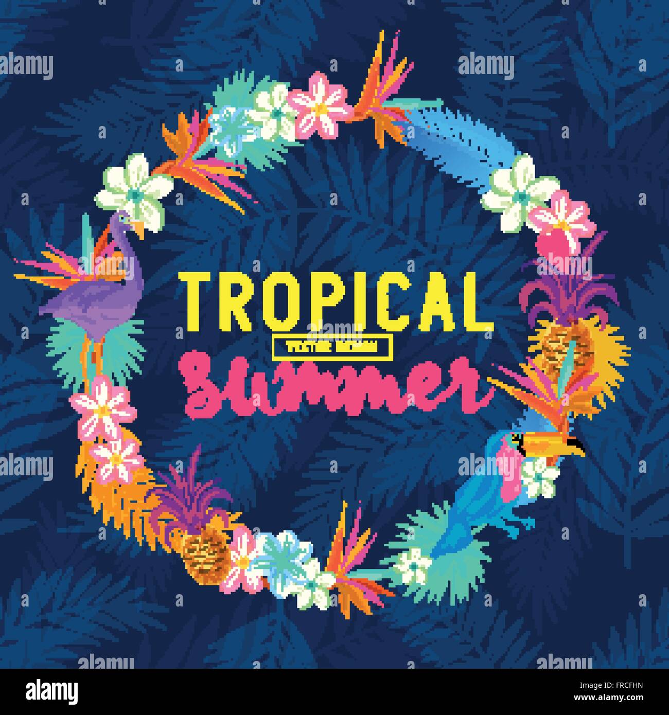 Vivid corona di fiori tropicali. Tra cui il flamingo, palme, tucani, uccello del paradiso di fiori e ananas. Illustrazione Vettoriale