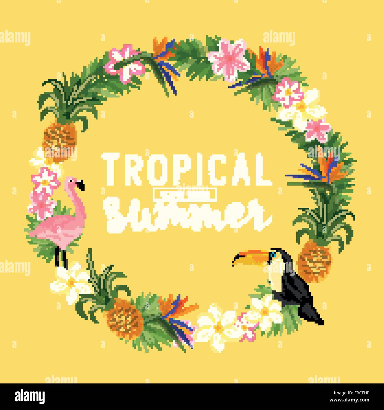 Corona di fiori tropicali. Tra cui il flamingo, palme, tucani, uccello del paradiso di fiori e ananas. Illustrazione Vettoriale