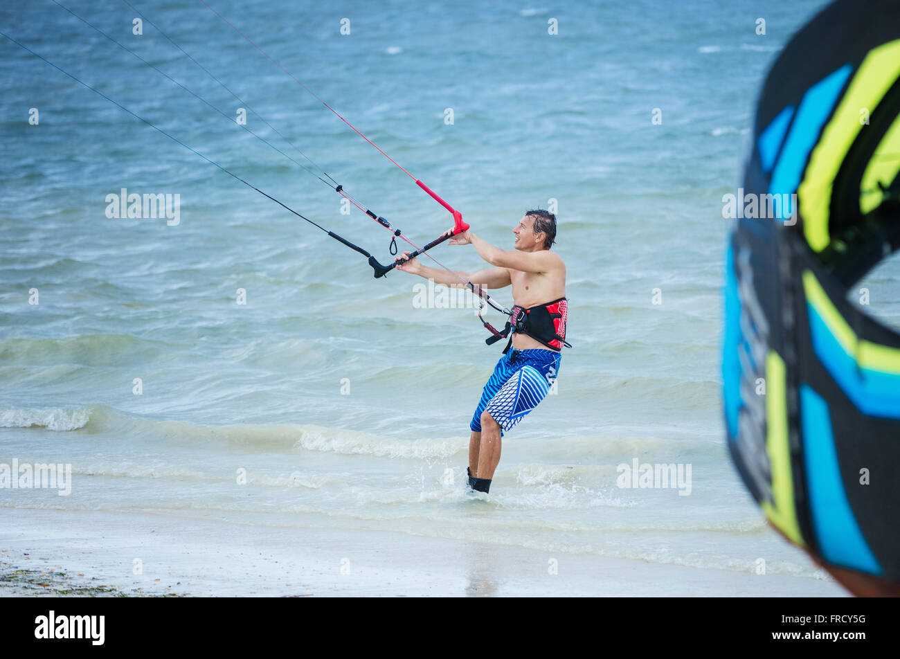 Kitesurfer maschio osservando il kite e tenendo un bar Foto Stock