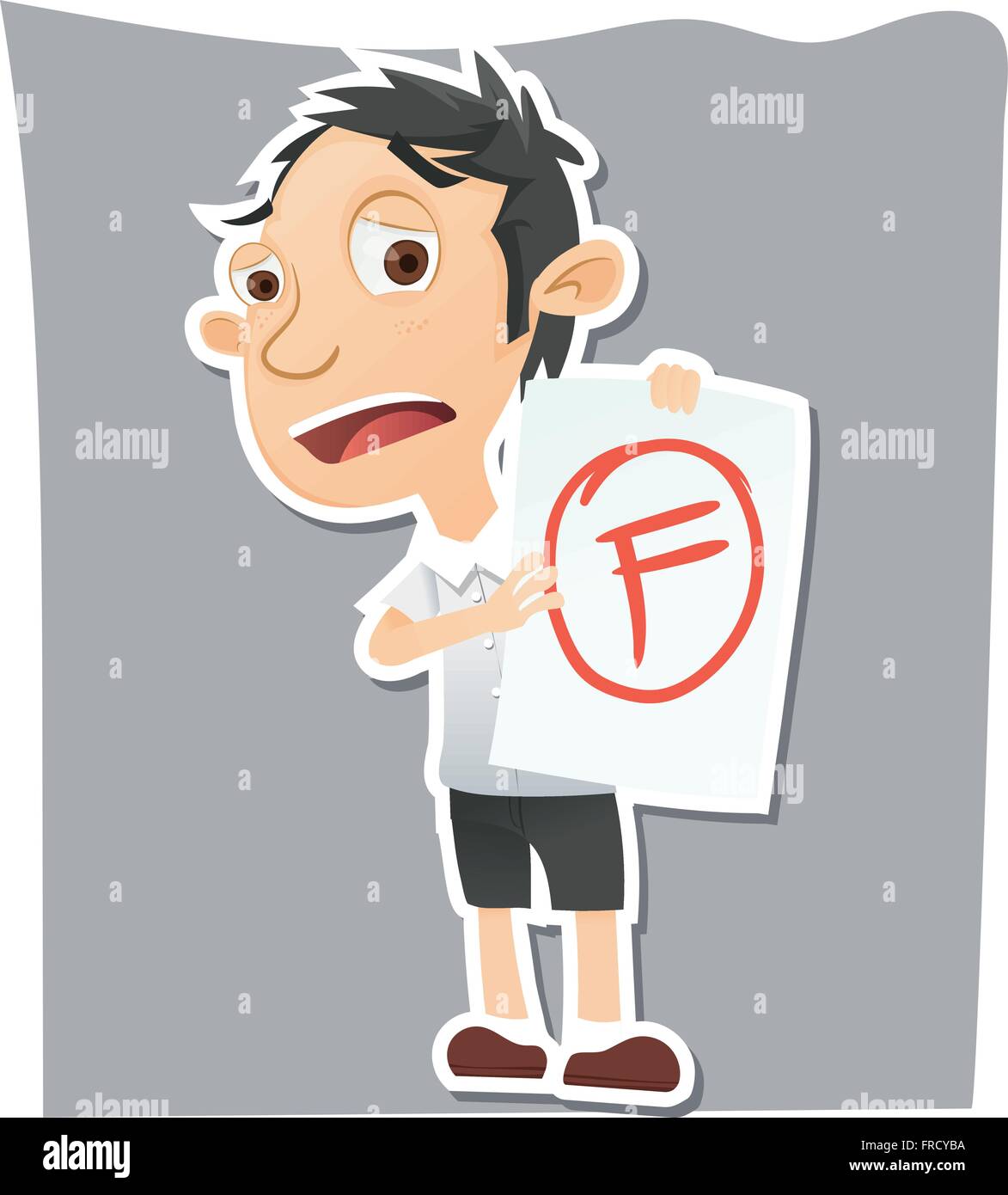 Cartoon triste studente che mostra la carta con grado F Illustrazione Vettoriale