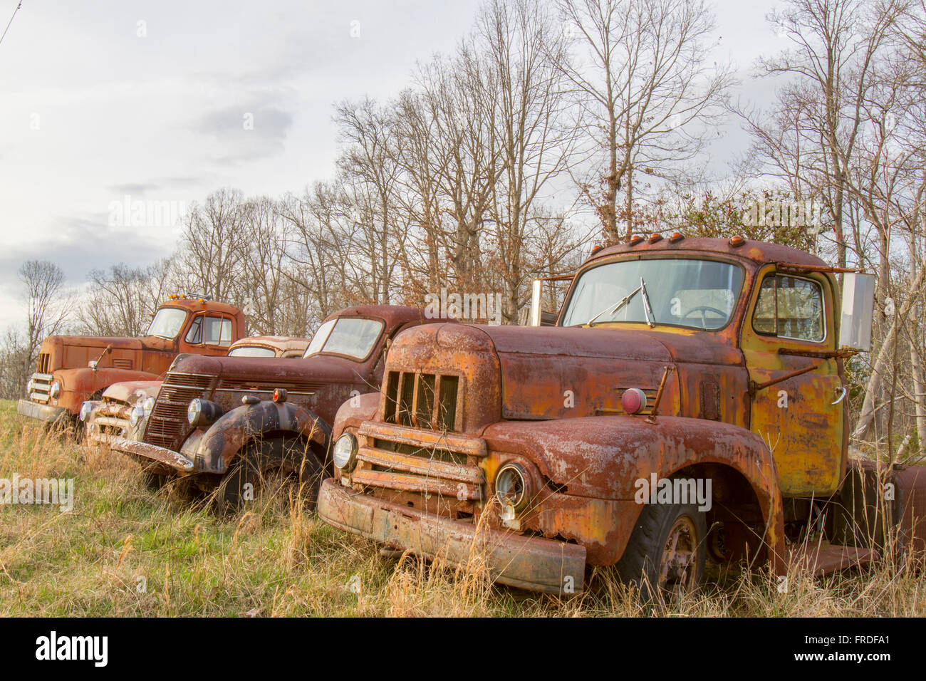 Arrugginimento antique cabine di autocarri in campo incolto in HDR. Foto Stock