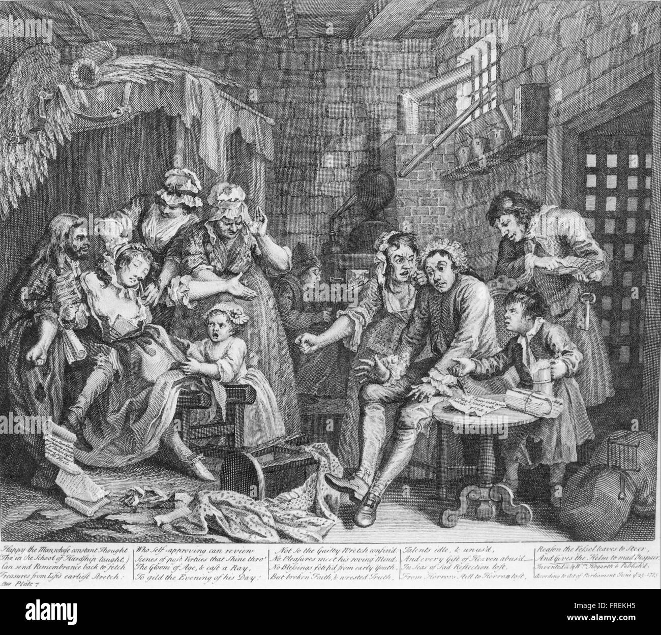 William Hogarth - un Rake's Progress, la piastra 7, la scena della prigione Foto Stock