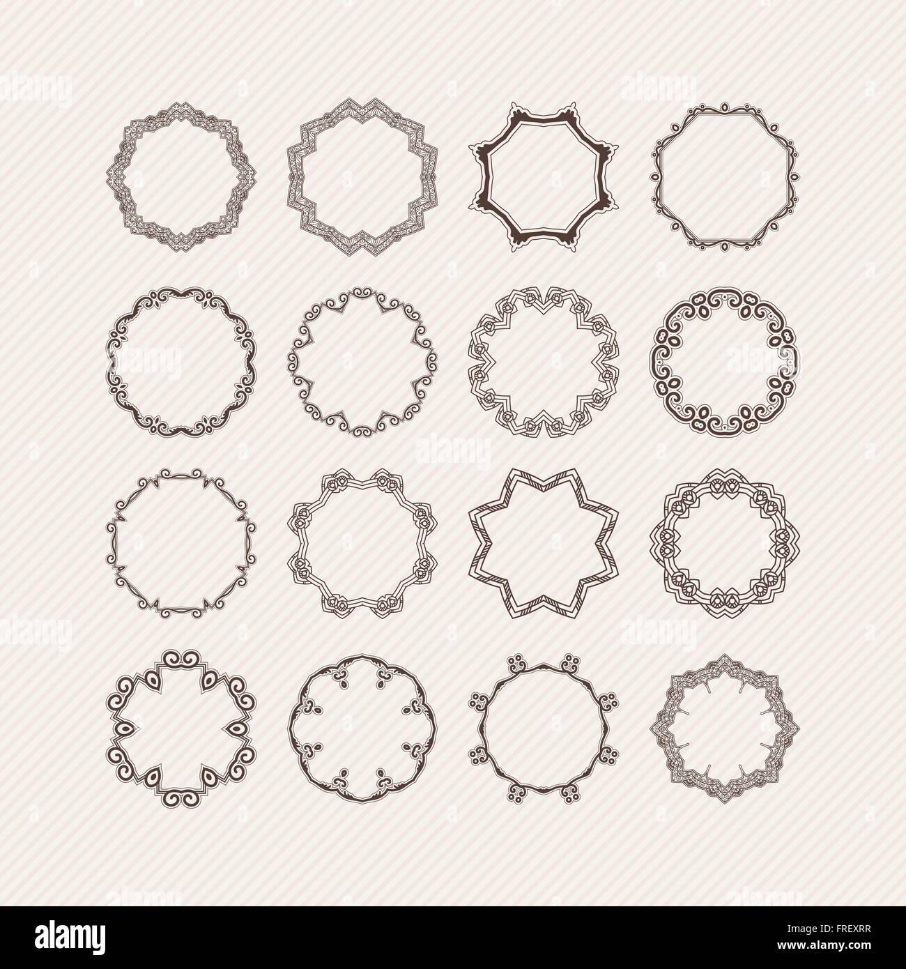 Set di vettore ornati mandala bordi e cornici. Pizzo gotico tatuaggi. Celtic tessere con angoli acuti. Illustrazione Vettoriale