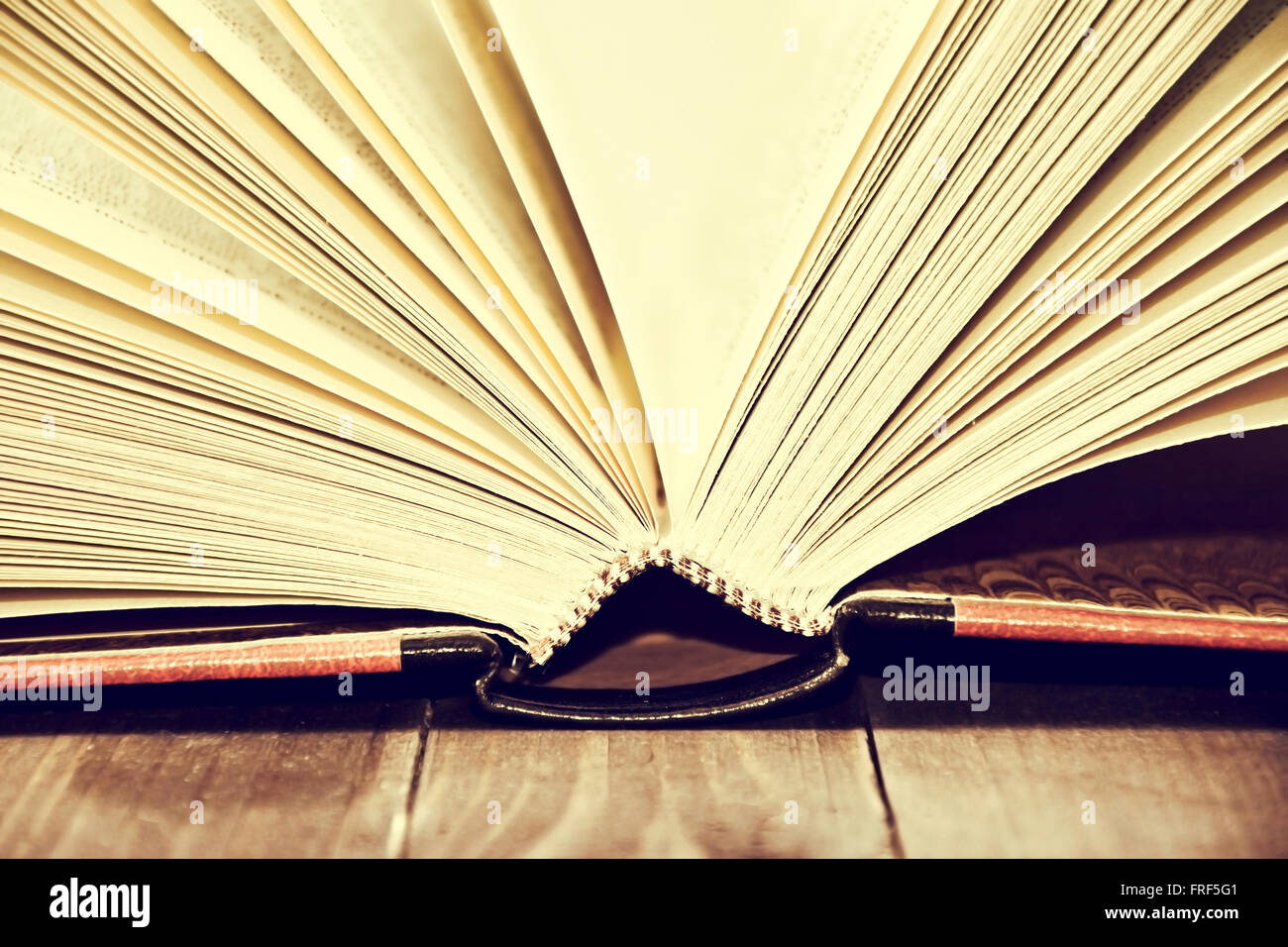 Libro Aperto sul tavolo di legno e sfondo bianco. Istruzione immagine concettuale. Foto Stock