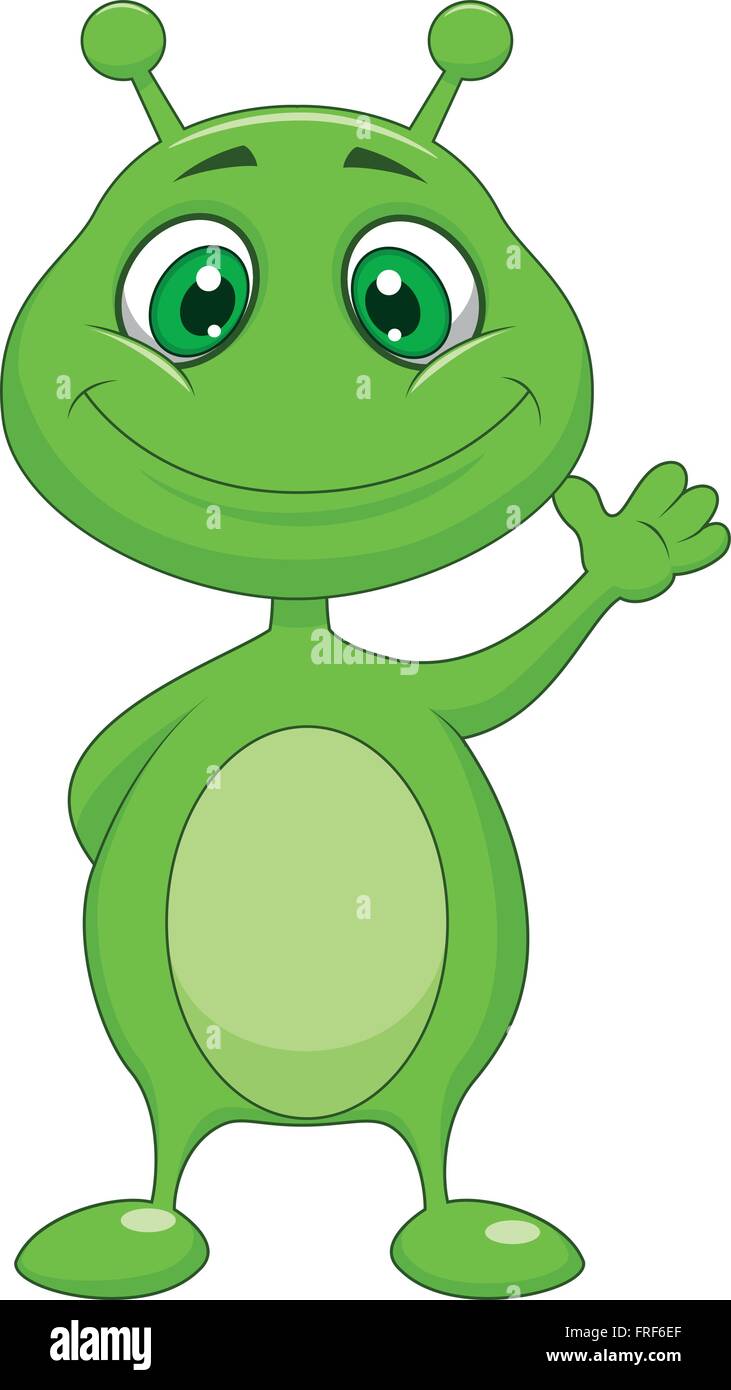 Carino il verde alien cartoon sventolando Illustrazione Vettoriale