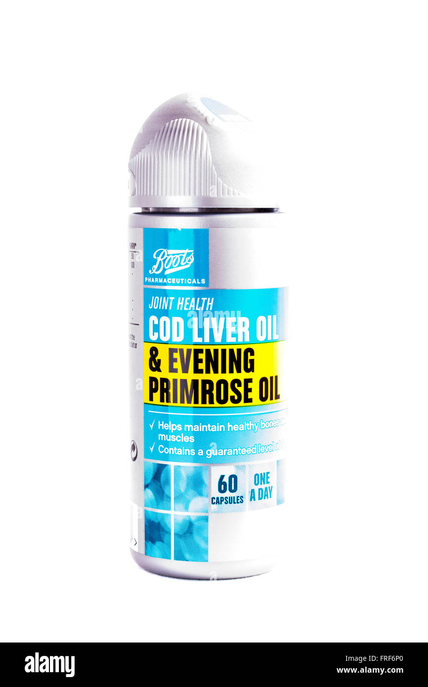 Olio di fegato di merluzzo olio di enotera compresse joint health logo prodotto marca intaglio tagliare lo sfondo bianco isolato REGNO UNITO Inghilterra Foto Stock