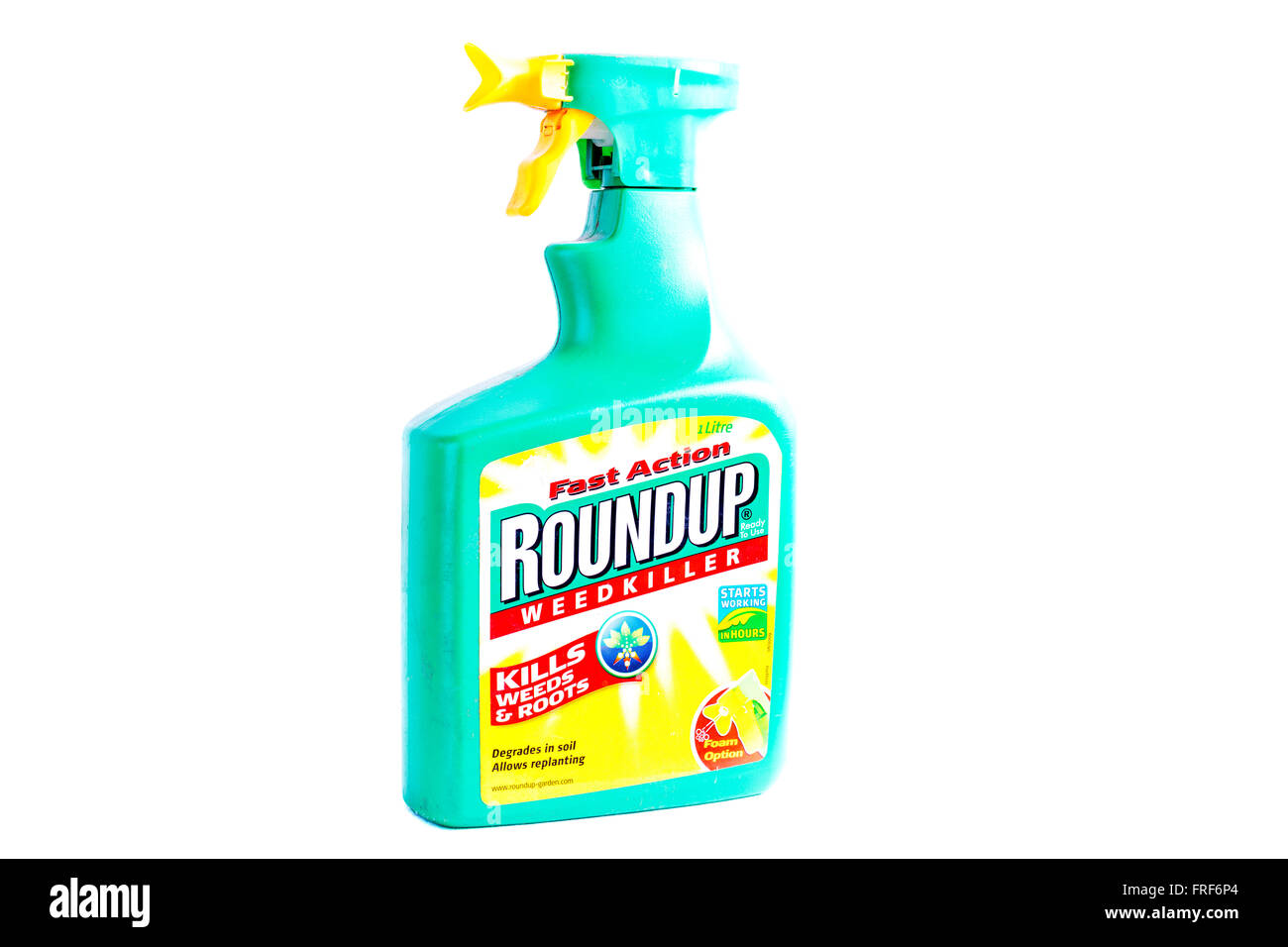 Erbicida Roundup flacone spray uccide weeds logo prodotto marca intaglio tagliare lo sfondo bianco isolato REGNO UNITO Inghilterra GB Foto Stock