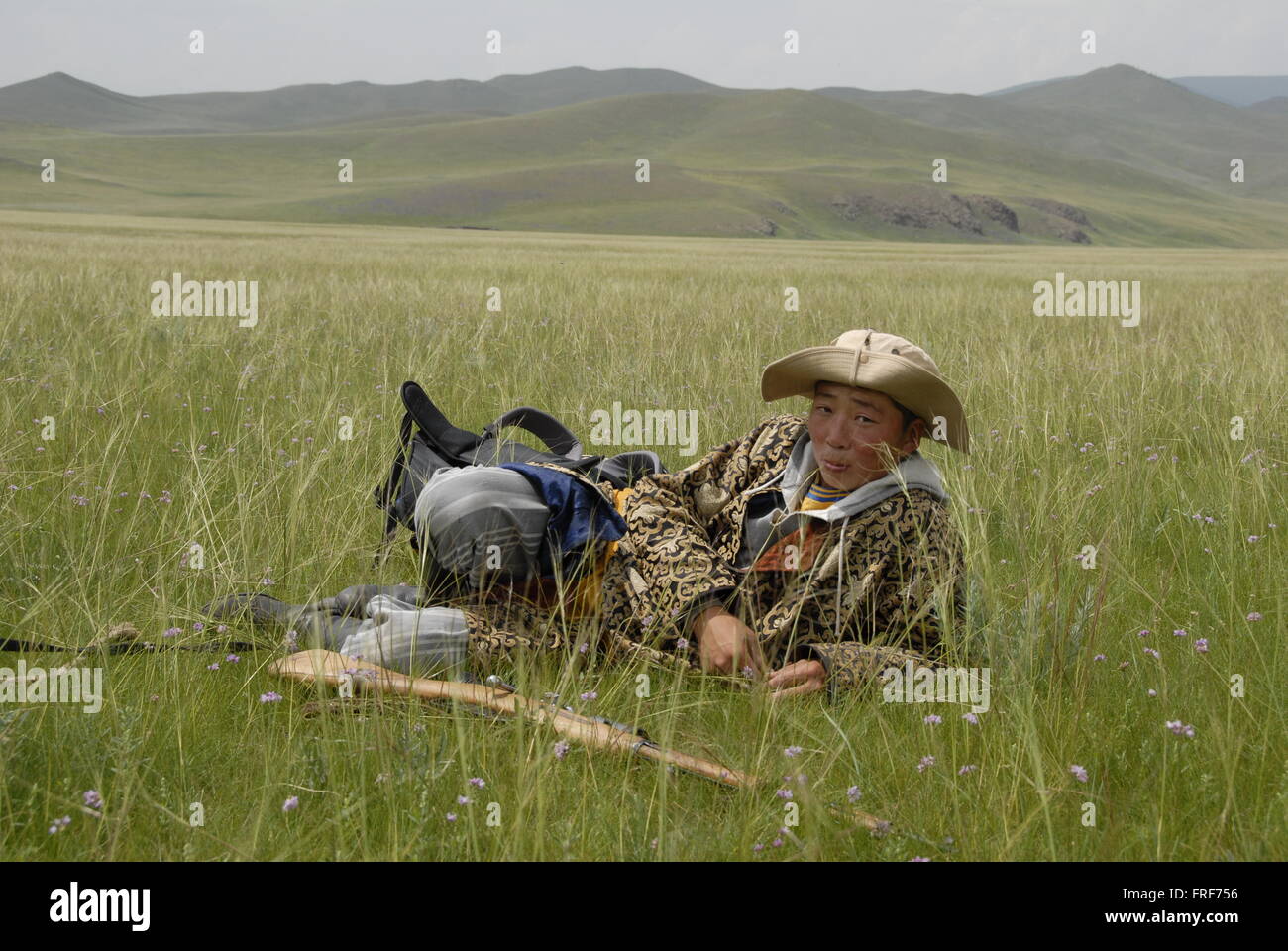 Mongolia - 26/07/2010 - Mongolia / Arkhangai - Giovani horserider mongola nella steppa - Sandrine Huet / Le Pictorium Foto Stock