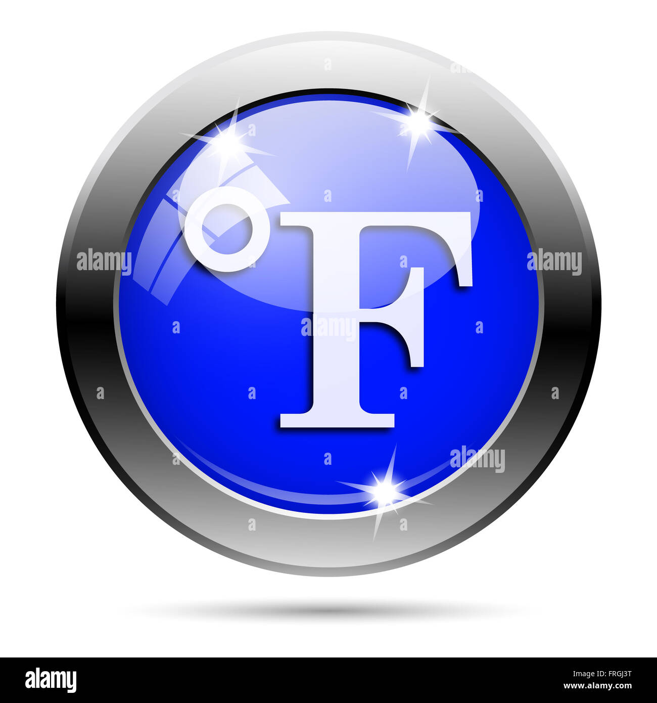 Tondo metallico icona lucido con design in bianco su sfondo blu Foto Stock