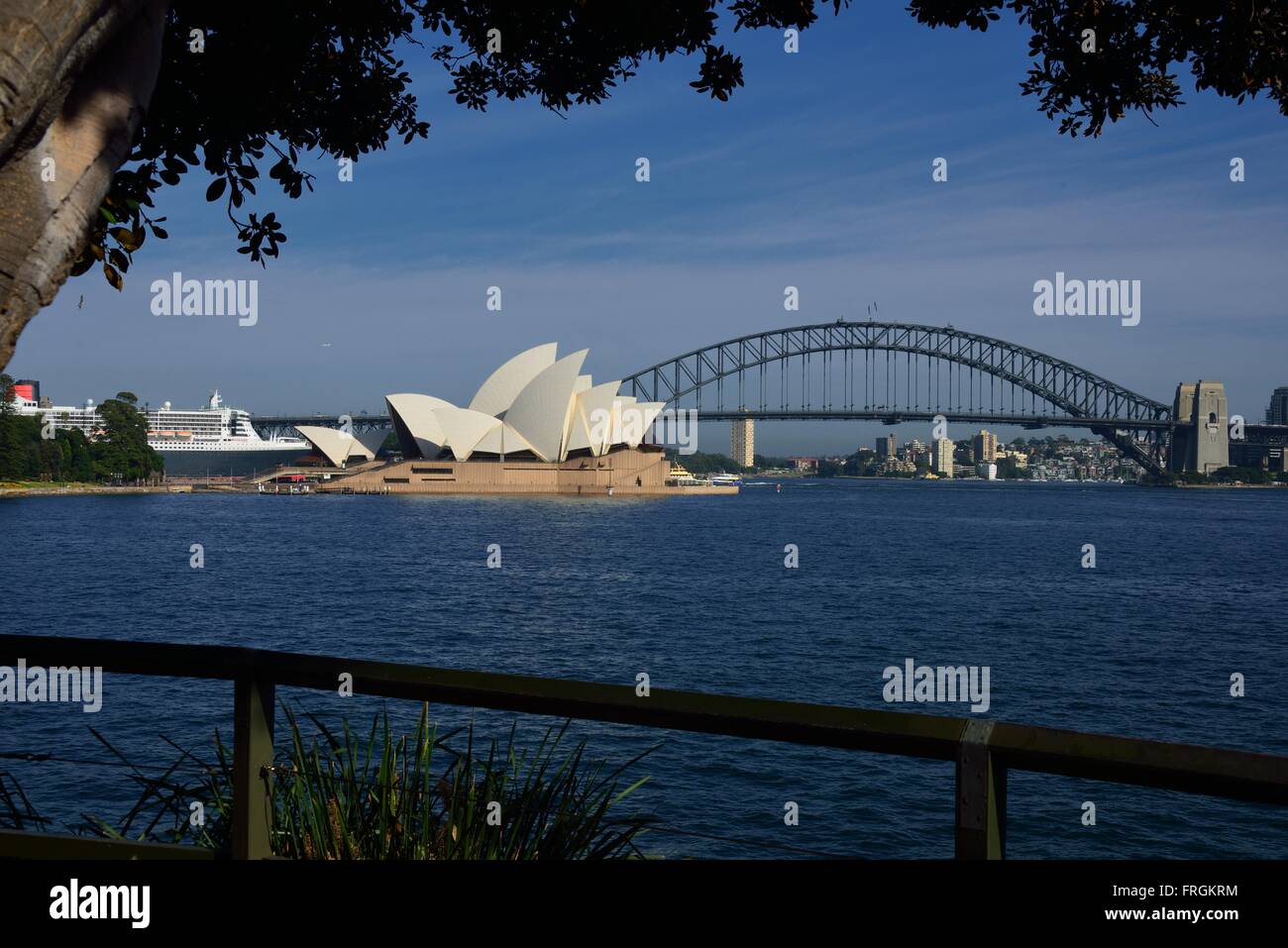 Sydney Opera House e Harbour Bridge. Mostra la Regina Maria 2 nel porto dal giardino botanico Foto Stock
