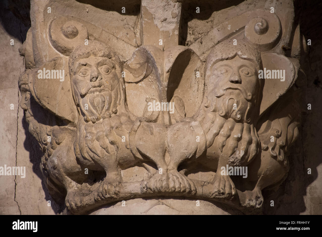 Colonna nel capitale sociale di Nogaro chiesa. Gers, Francia. Due leoni con teste umane Foto Stock