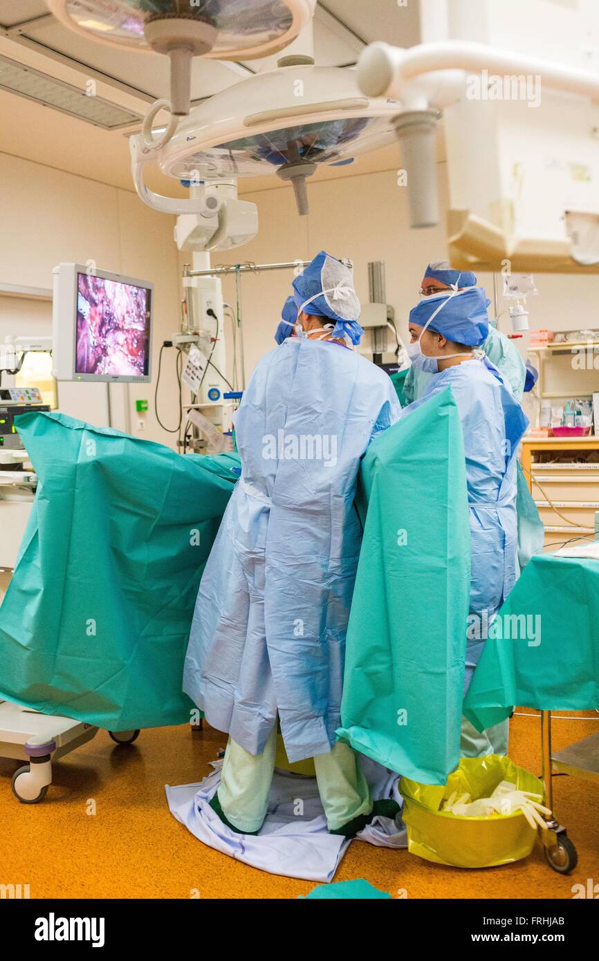 Chirurgico di laparoscopia e isteroscopia esplorazione qui, il trattamento di endometriosi, ospedale di Limoges, Francia. Foto Stock