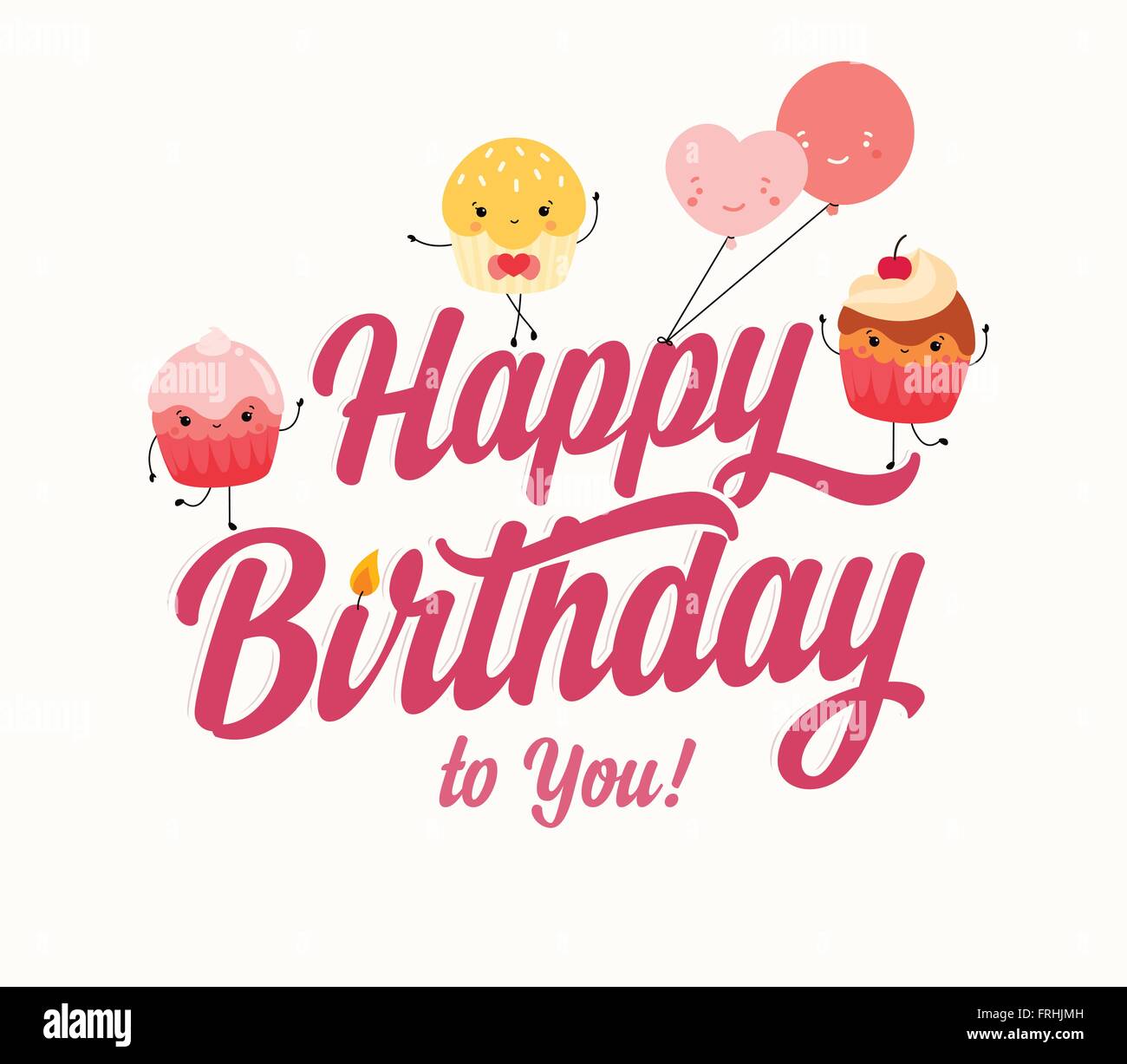 Vintage Happy Birthday tipografici con sfondo incantevole tortine e sorridente palloncini Illustrazione Vettoriale