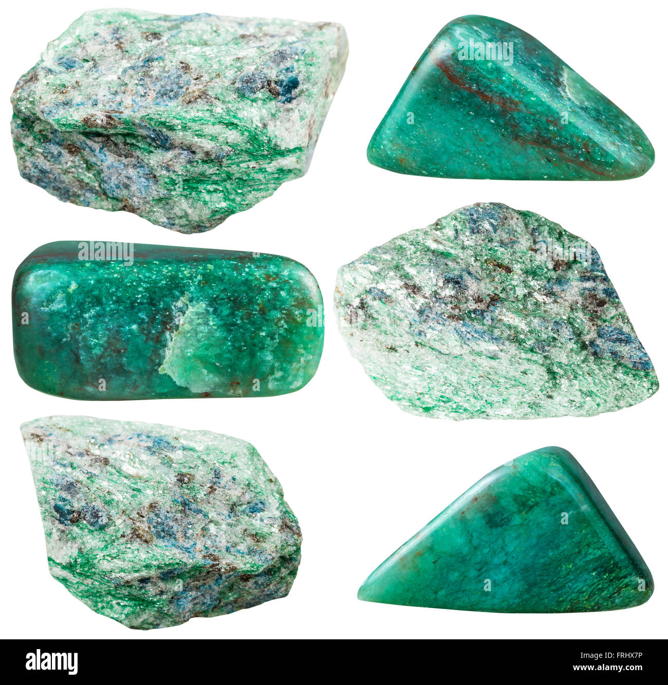 Set di lucidato e rock fuchsite (chrome mica) gemme verde isolato su sfondo bianco Foto Stock