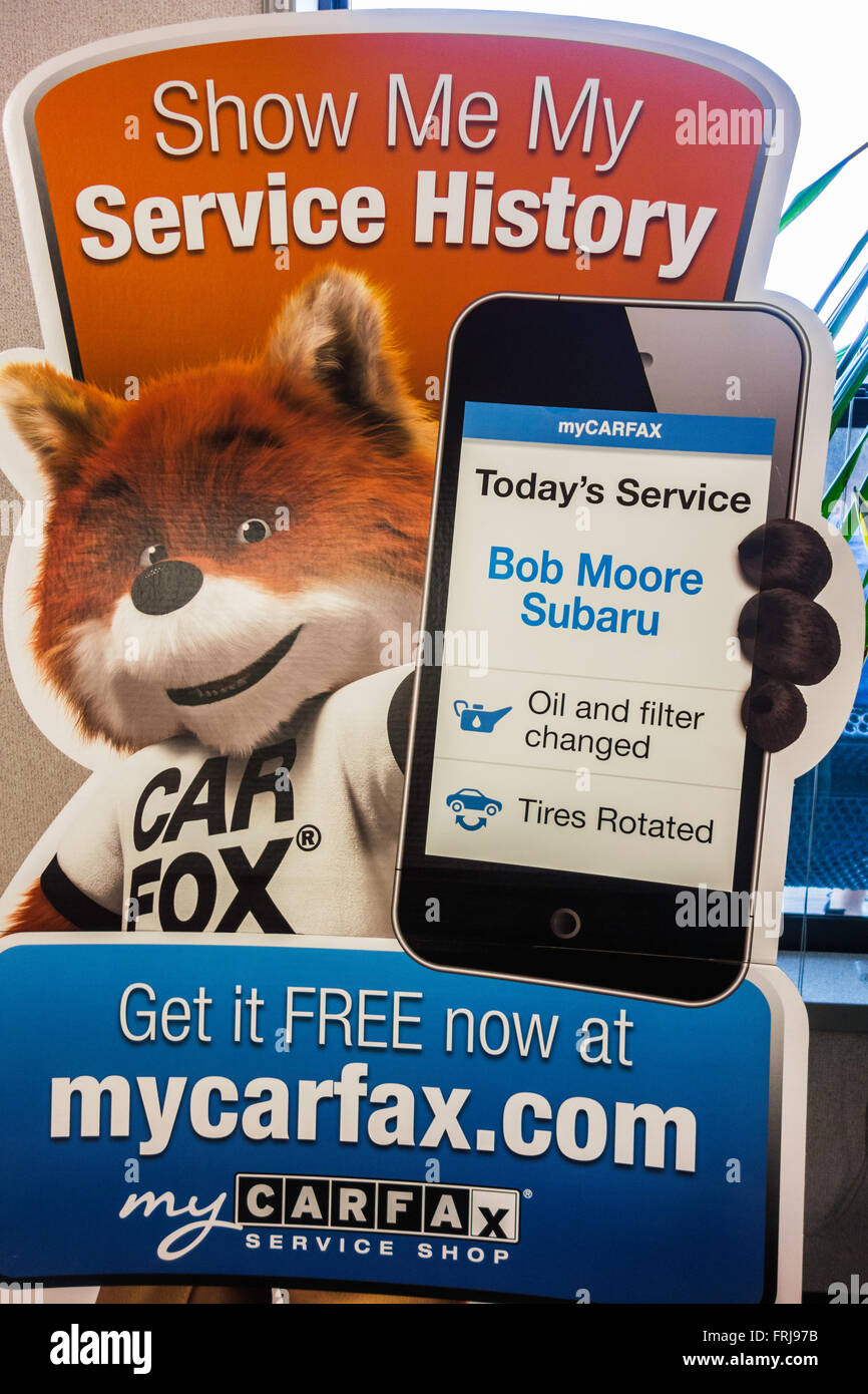 Un 'mycarfax' segno pubblicità online Servizio automobile storia. Foto Stock