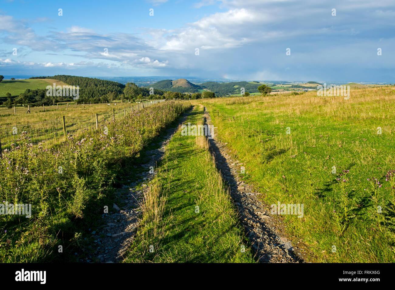 Earl's collina vicino Pontesbury da una fattoria via sulla cresta Stiperstones vicino Snailbeach, Shropshire, Inghilterra, Regno Unito Foto Stock