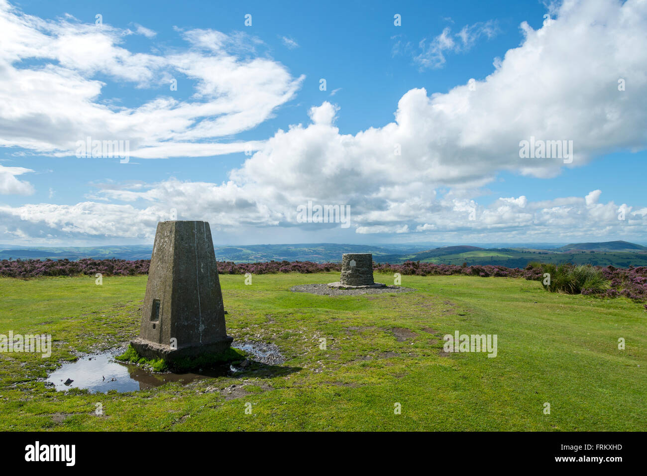 Il punto di innesco e topografo vista (indicatore) al vertice della lunga cresta Mynd, vicino a Church Stretton, Shropshire, Inghilterra, Regno Unito Foto Stock