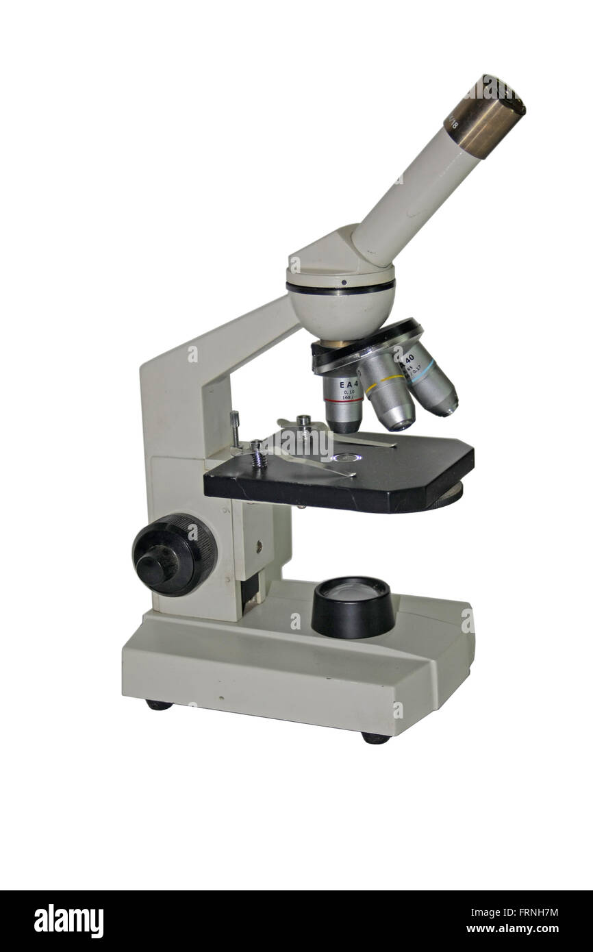 Microscopio su sfondo bianco Foto Stock