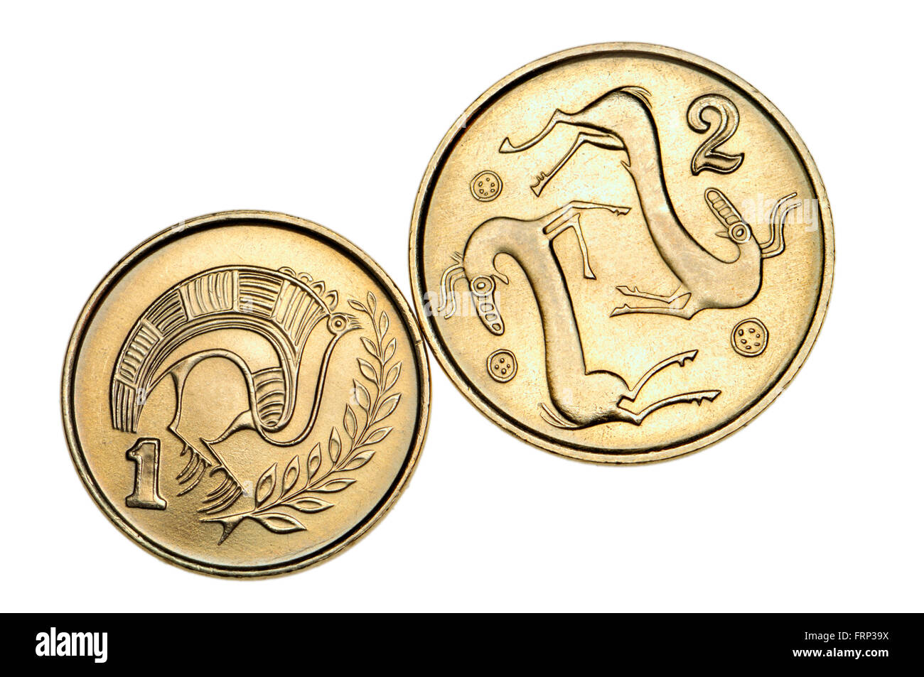 Pre-Euro monete di Cipro: cent mostra uccelli stilizzati appollaiato su un ramo da una brocca di bichrome ware da Cyproarchaic p Foto Stock