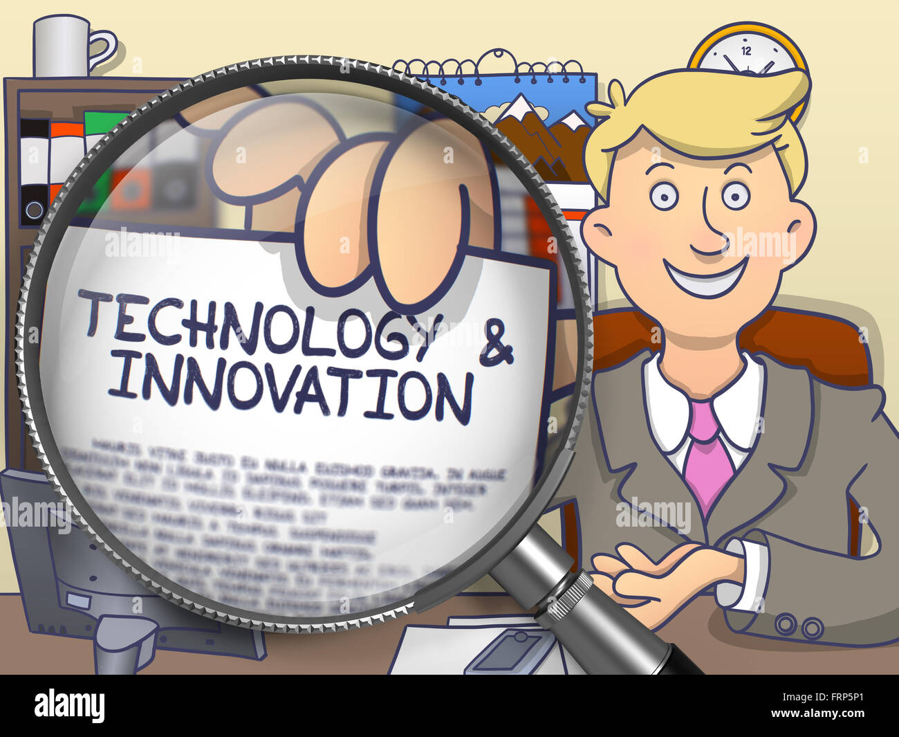 Tecnologia e innovazione attraverso la lente di ingrandimento. Doodle stile. Foto Stock