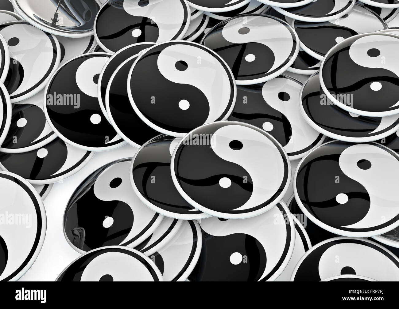 Yin-yang badges / 3D render di badge metallico con yin-yang simbolo di armonia Foto Stock