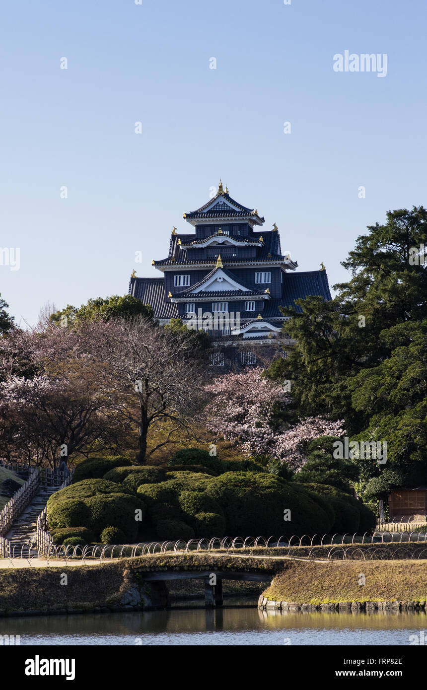 Castello di Okayama come visto dal Giardino Korakuen nella primavera, Okayama, Giappone Foto Stock