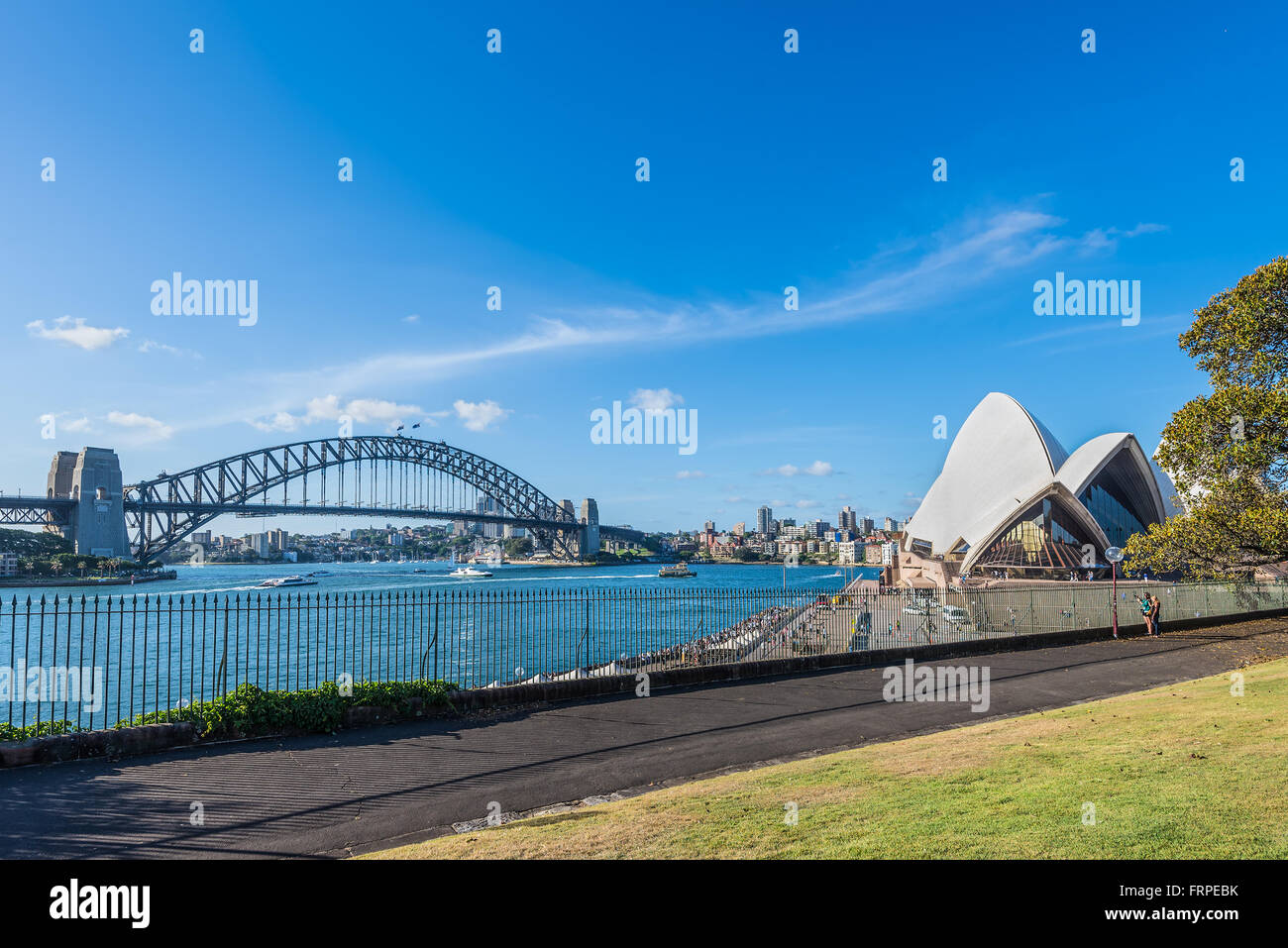 Piu famoso di Sydney - Harbour Bridge, la Sydney Opera House, vista dal Royal Botanic Garden di Sydney Foto Stock