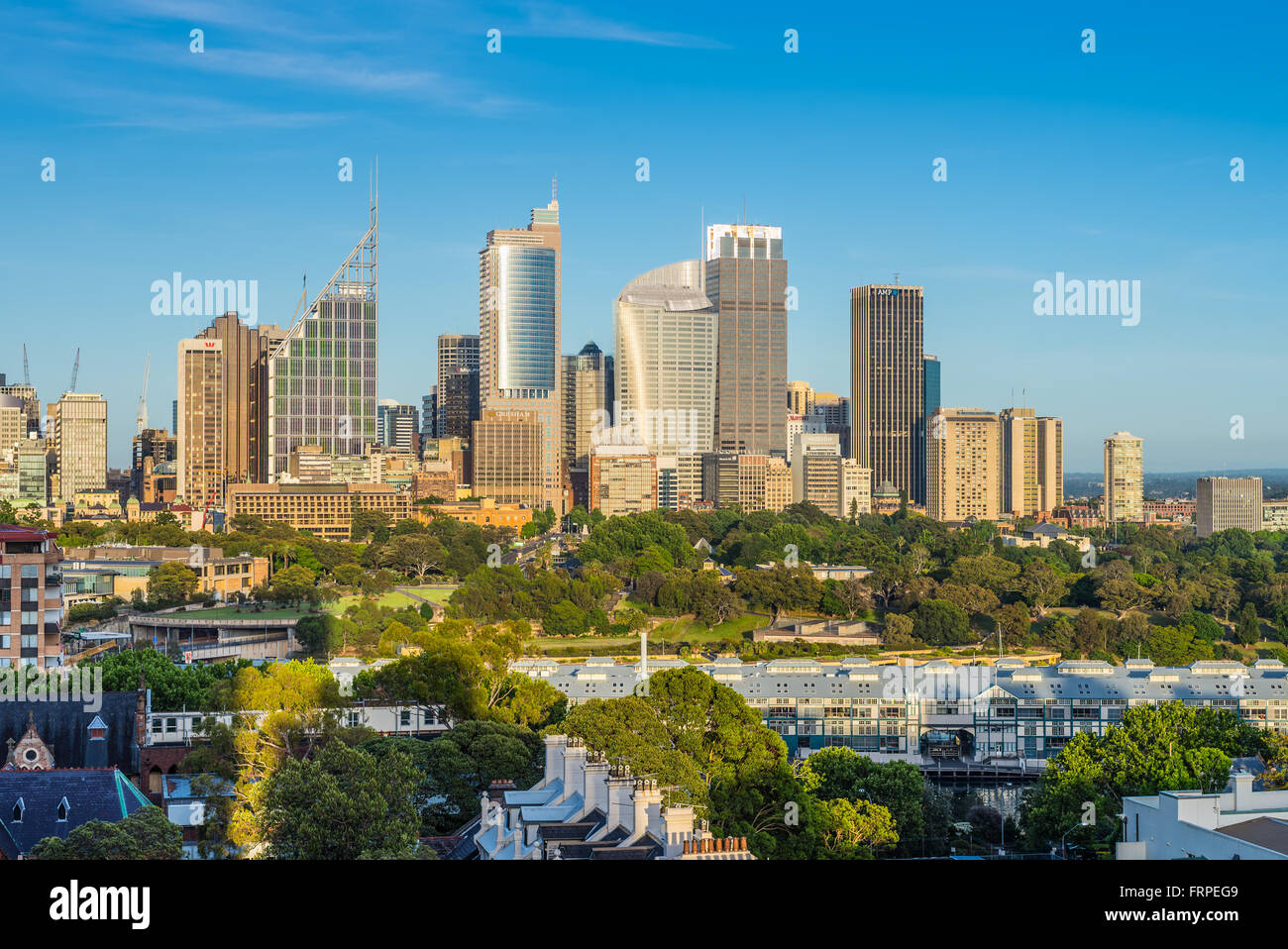La vista della città di Sydney Skyline chiara mattina di sole. Royal Botanic Gardens nel centro Foto Stock