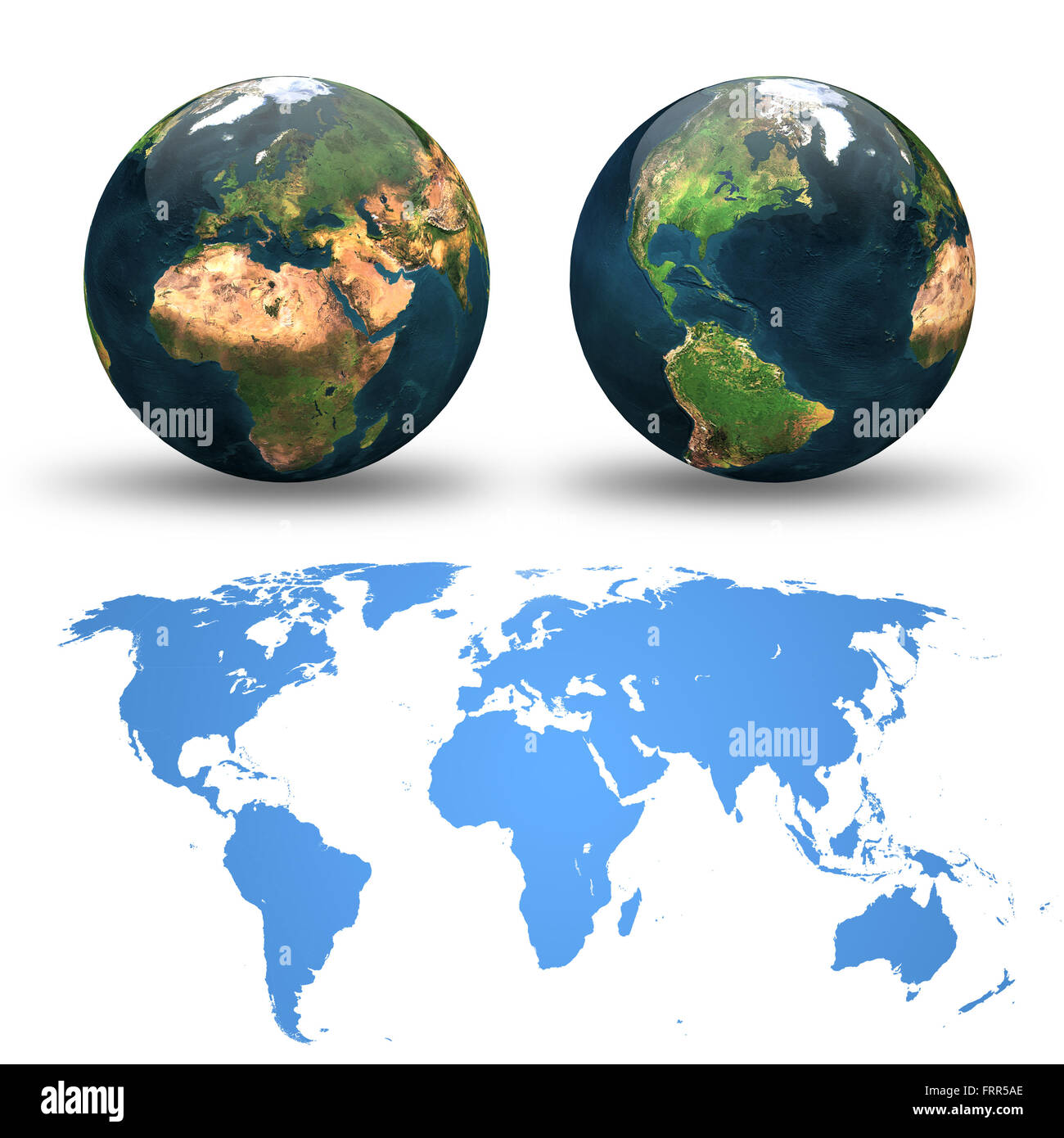 Globo e dettaglio mappa del mondo. Differenti viste. Foto Stock