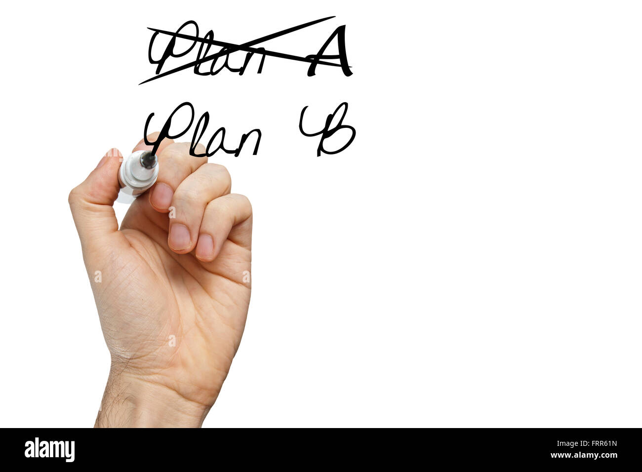 Business plan cambiando strategia. Traversata a mano sopra il piano a piano di scrittura B. isolato su bianco. Foto Stock
