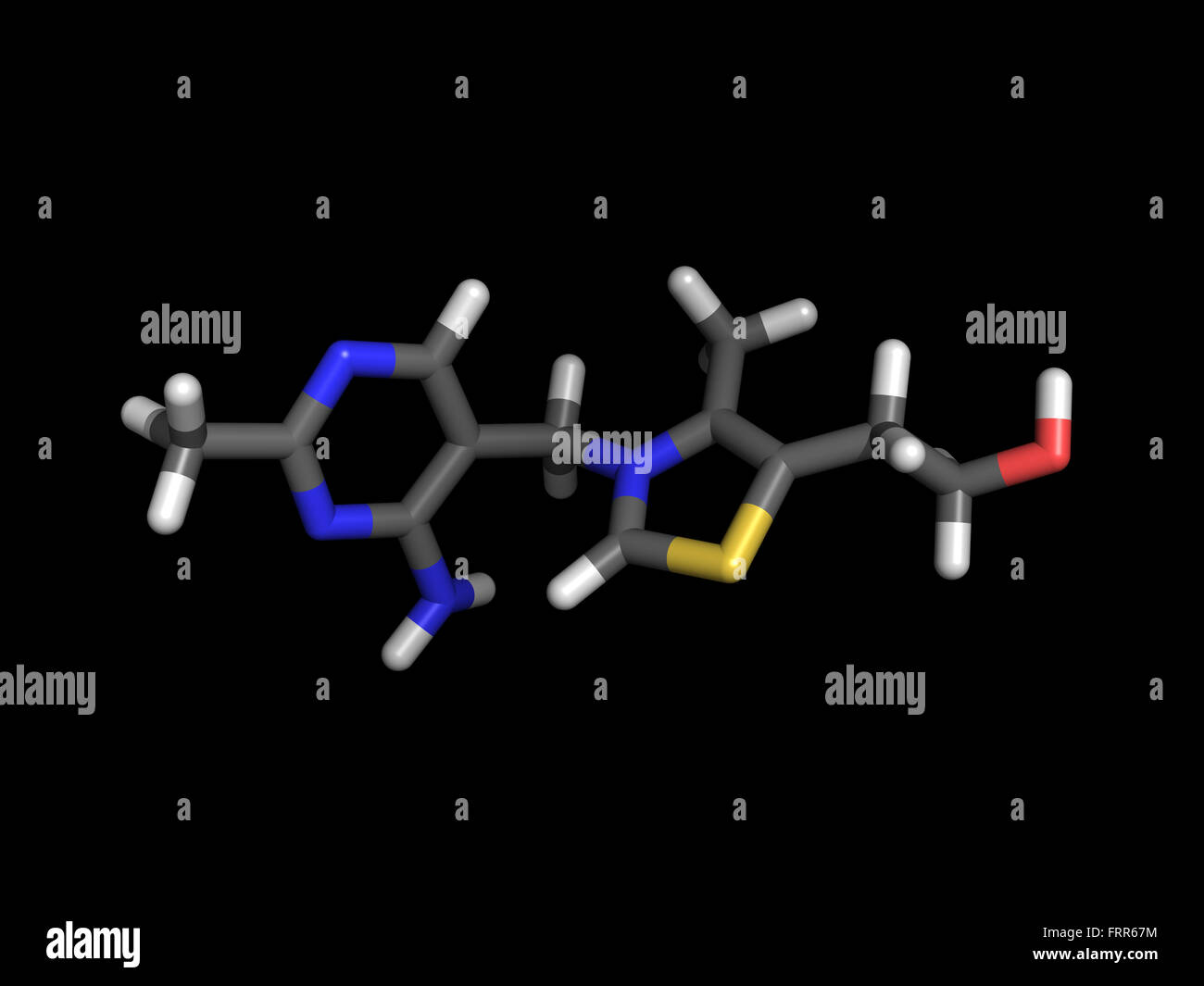 Stick rappresentazione della vitamina B1 grigio con atomi di carbonio ed eteroatomi colorati Foto Stock