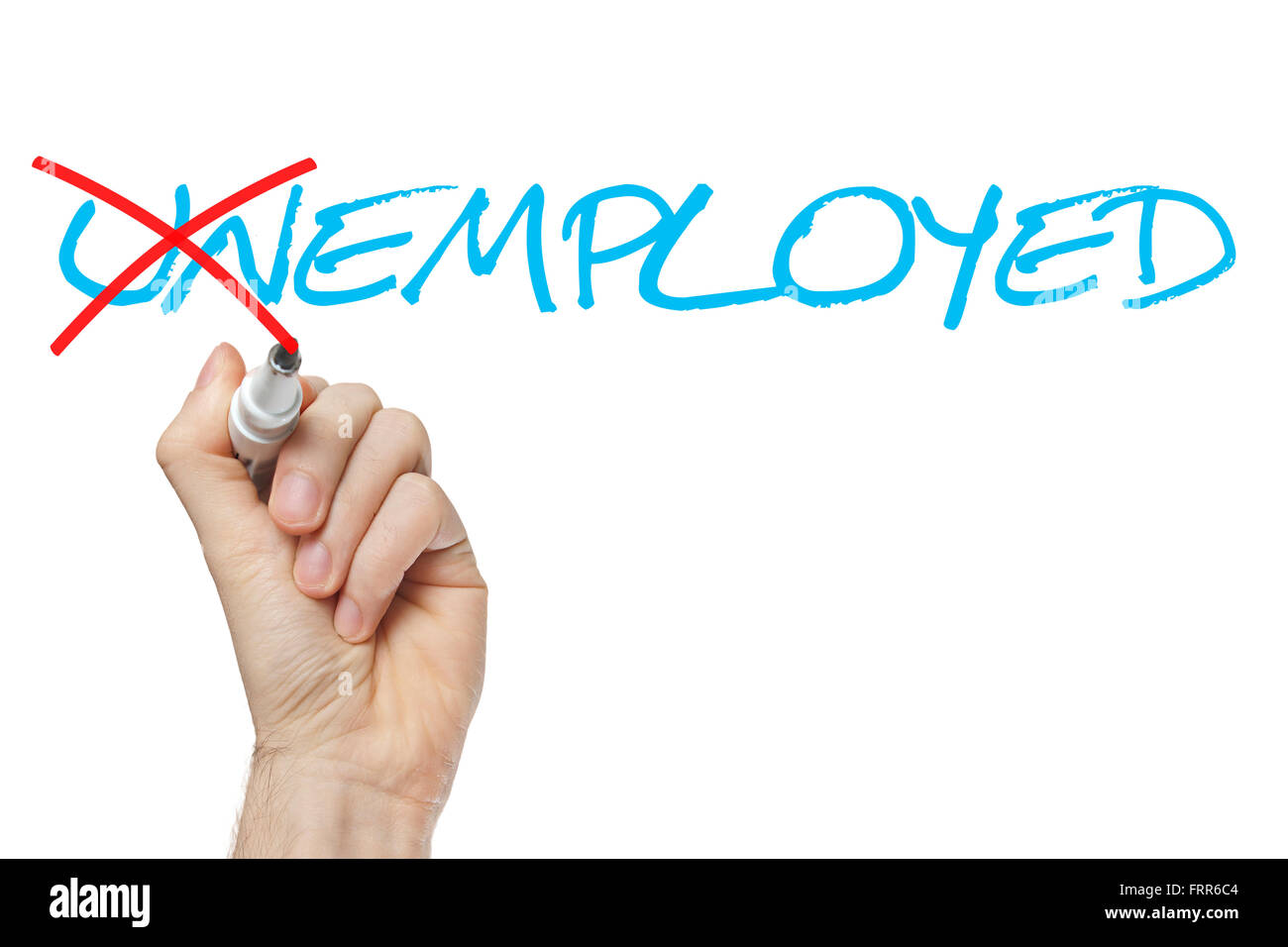 Trovare un nuovo lavoro. Girando a mano la parola i disoccupati in impiegato con il contrassegno rosso isolato su bianco. Foto Stock