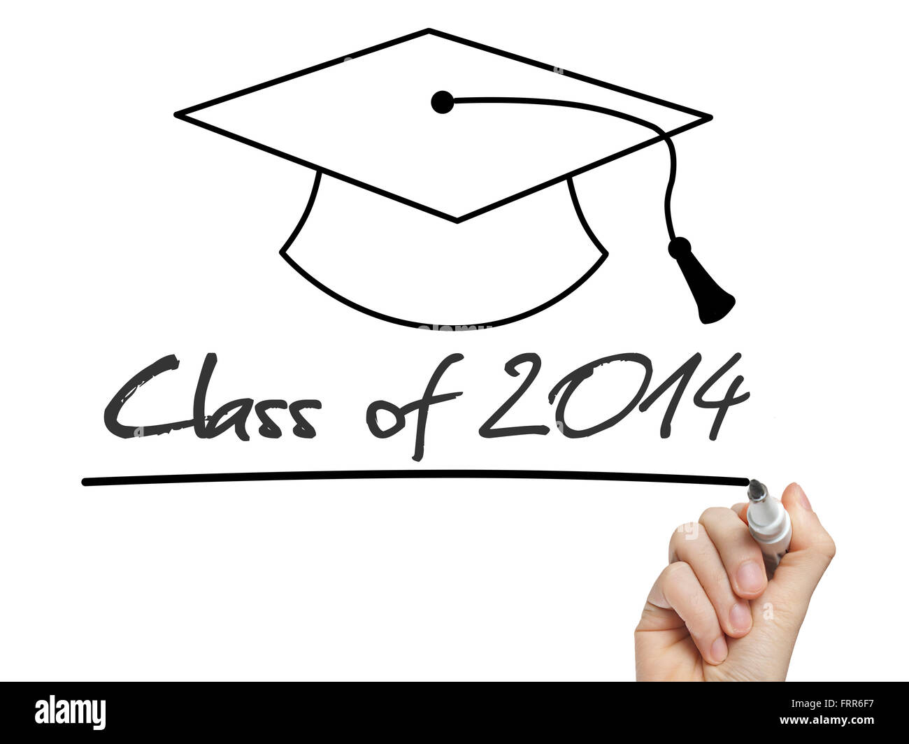 Classe concettuale del 2014 dichiarazione scritta sulla lavagna nera e cappuccio di graduazione Foto Stock