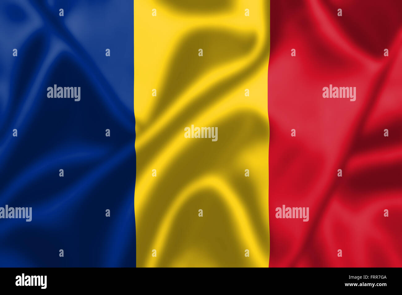 Bandiera della Romania al vento. Texture di sfondo. Foto Stock