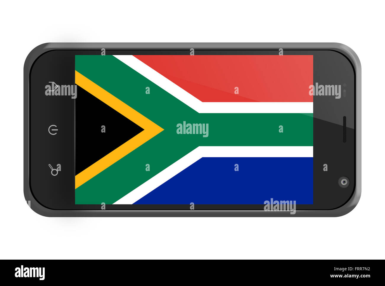 Bandiera del Sudafrica sulla schermata dello smartphone isolato su bianco Foto Stock