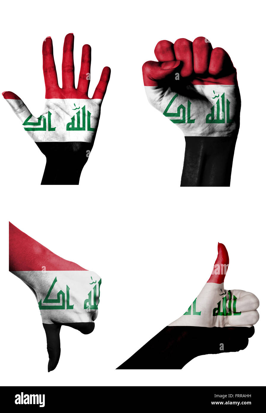 Le mani con più gesti (aprire palm, pugno chiuso, pollice in alto e in basso) con l'Iraq bandiera dipinta isolato su bianco Foto Stock