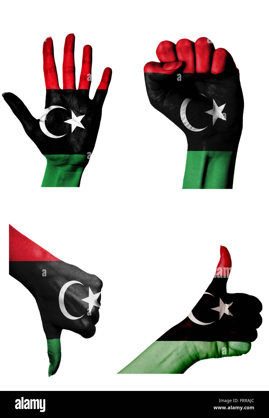Le mani con più gesti (aprire palm, pugno chiuso, pollice in alto e in basso) con la Libia bandiera dipinta isolato su bianco Foto Stock
