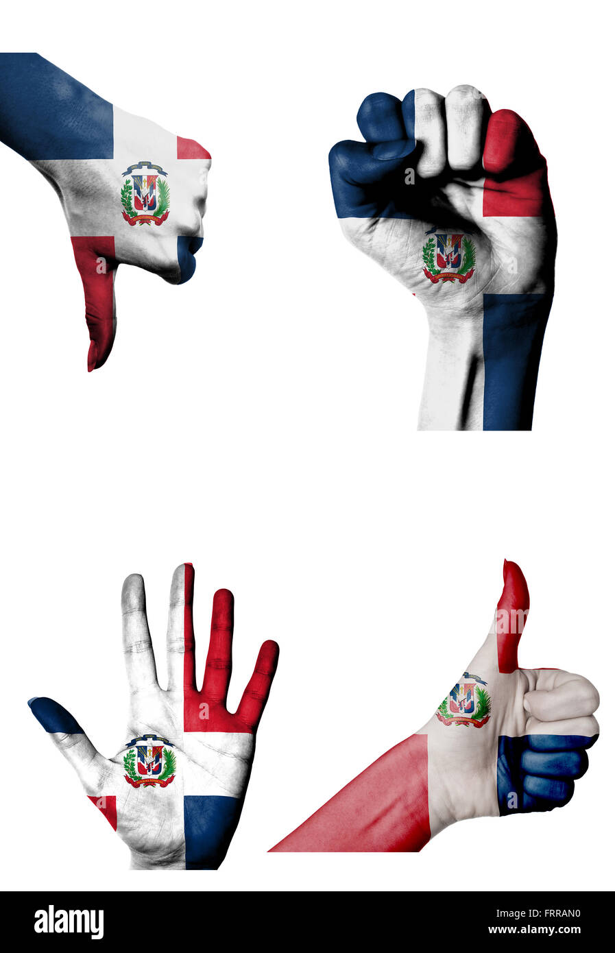 Le mani con più gesti (aprire palm, pugno chiuso, pollice in alto e in basso) con la bandiera della Repubblica Dominicana dipinto isolato su bianco Foto Stock