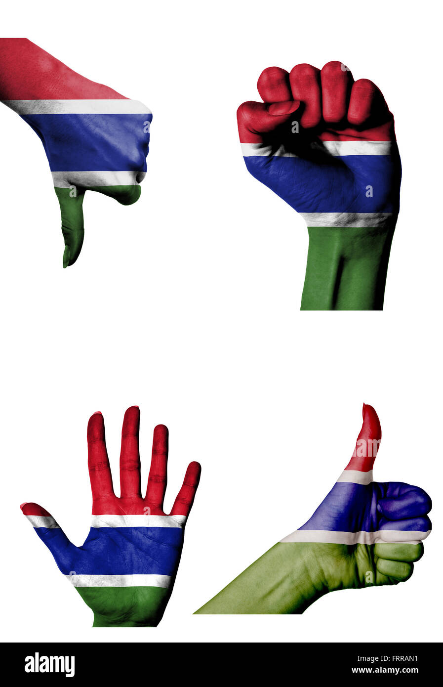 Le mani con più gesti (aprire palm, pugno chiuso, pollice in alto e in basso) con il Gambia bandiera dipinta isolato su bianco Foto Stock