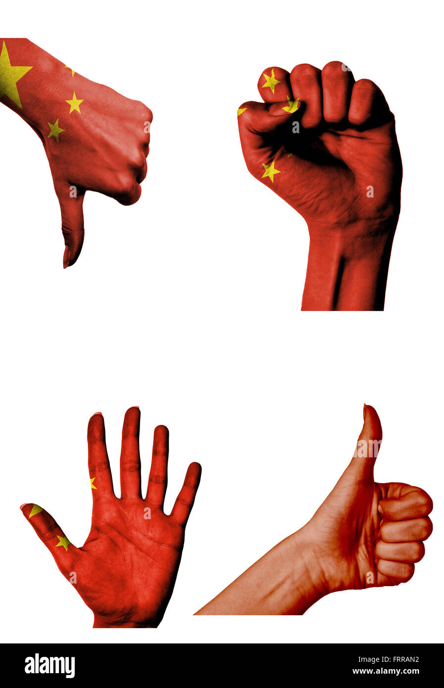 Le mani con più gesti (aprire palm, pugno chiuso, pollice in alto e in basso) con la Repubblica popolare cinese bandiera dipinta o isolato Foto Stock