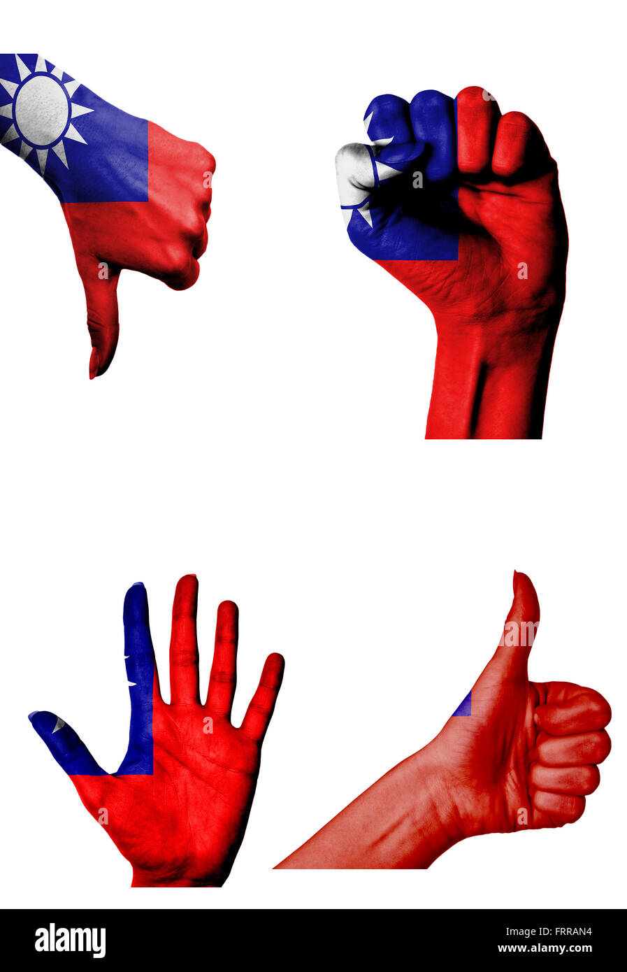 Le mani con più gesti (aprire palm, pugno chiuso, pollice in alto e in basso) con la repubblica di cina bandiera dipinta isolato su bianco Foto Stock