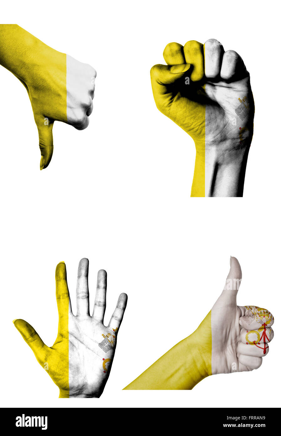 Le mani con più gesti (aprire palm, pugno chiuso, pollice in alto e in basso) con la bandiera del Vaticano dipinto isolato su bianco Foto Stock