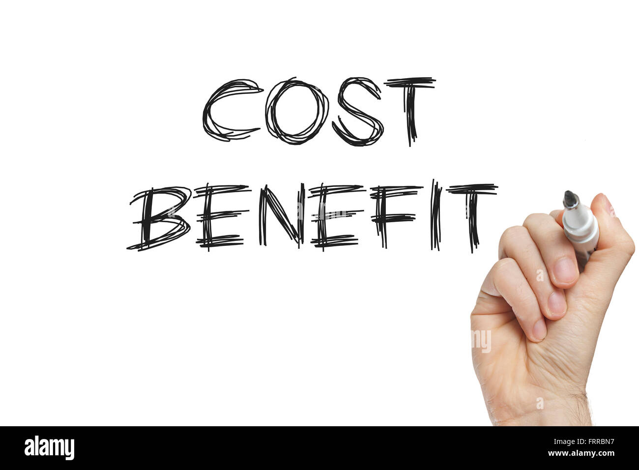 La scrittura a mano dei vantaggi in termini di costo su una lavagna bianca Foto Stock