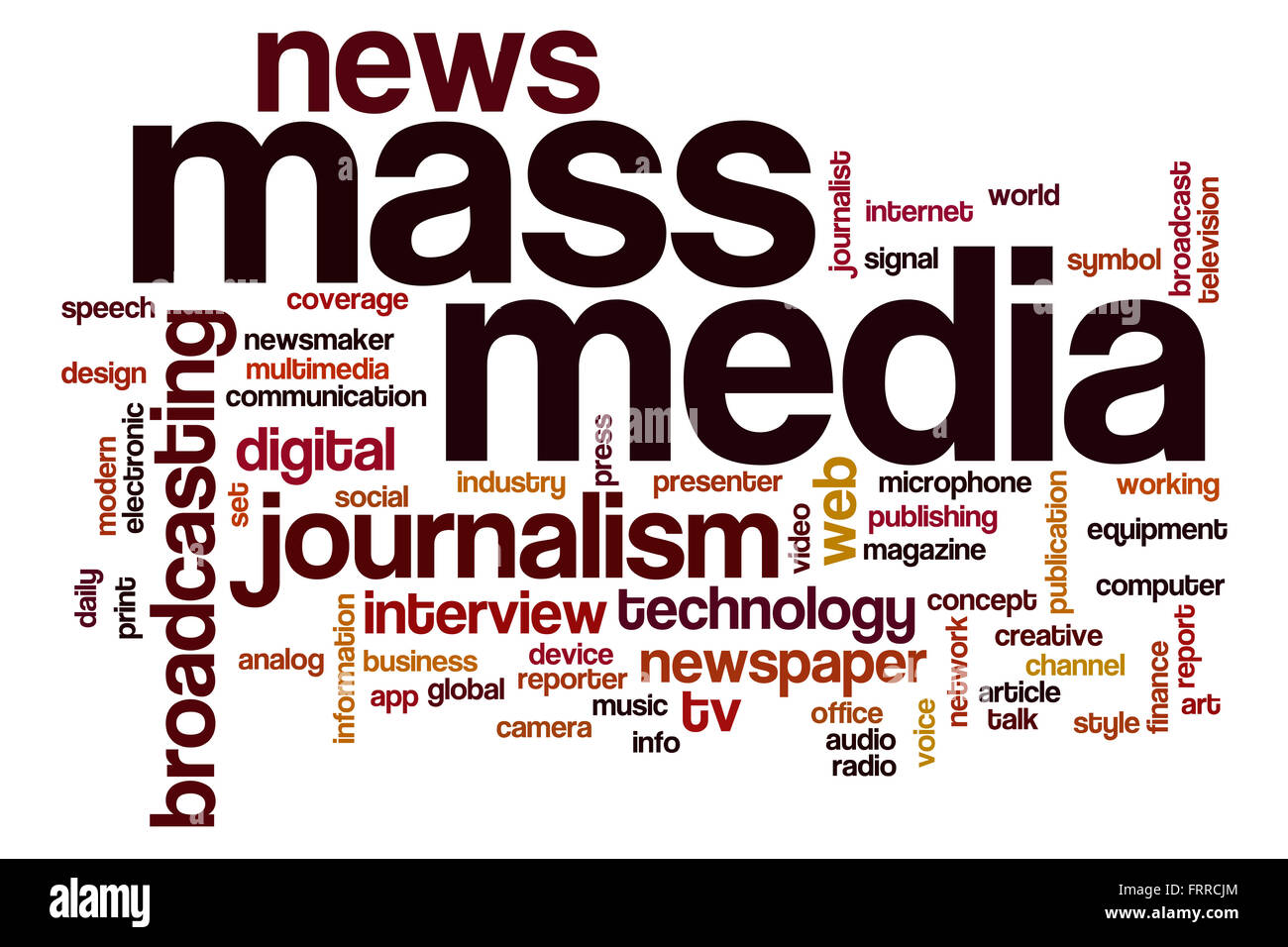 Mass media parola concetto cloud con il giornalismo News related tags Foto Stock