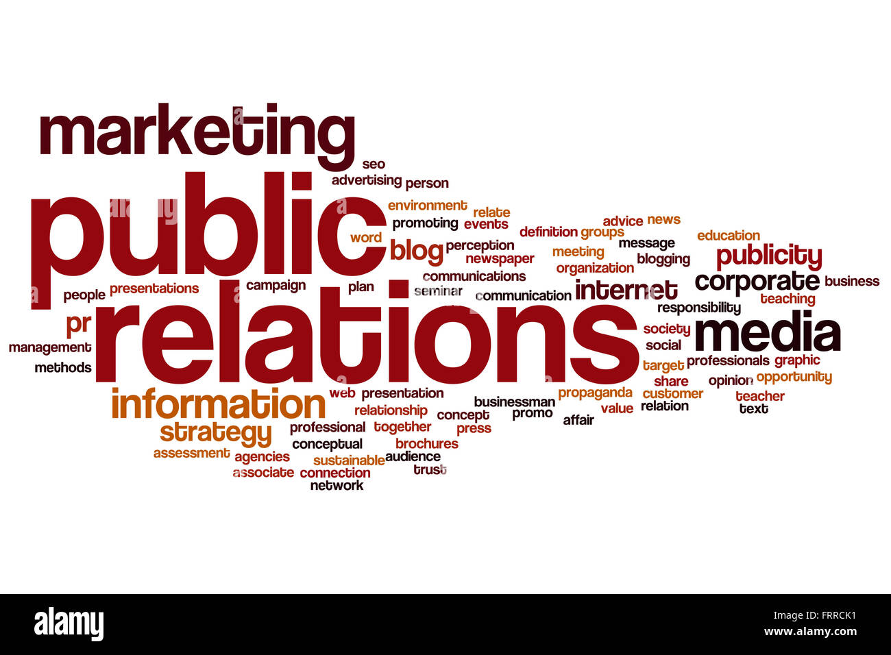 Relazioni pubbliche parola concetto di cloud con la comunicazione di marketing tag correlati Foto Stock