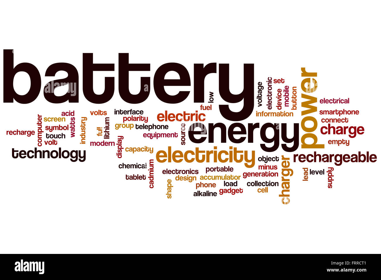 Batteria parola concetto cloud con potenza energetica tag correlati Foto Stock